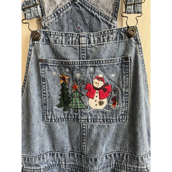 CHRISTOPHER & BANKS Vintage Christmas Appliqué Wide Leg Denim Jean Overalls Sz L - Picture 2 of 16